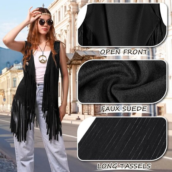 Women Hippie Costume Set 70s Boho Fringe Vest Accessories Halloween Costume main image 5